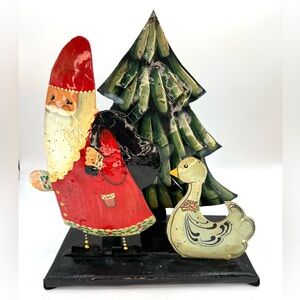 Metal Folk Art Santa Christmas Card Holder Letters To Santa Rustic Hand Painted